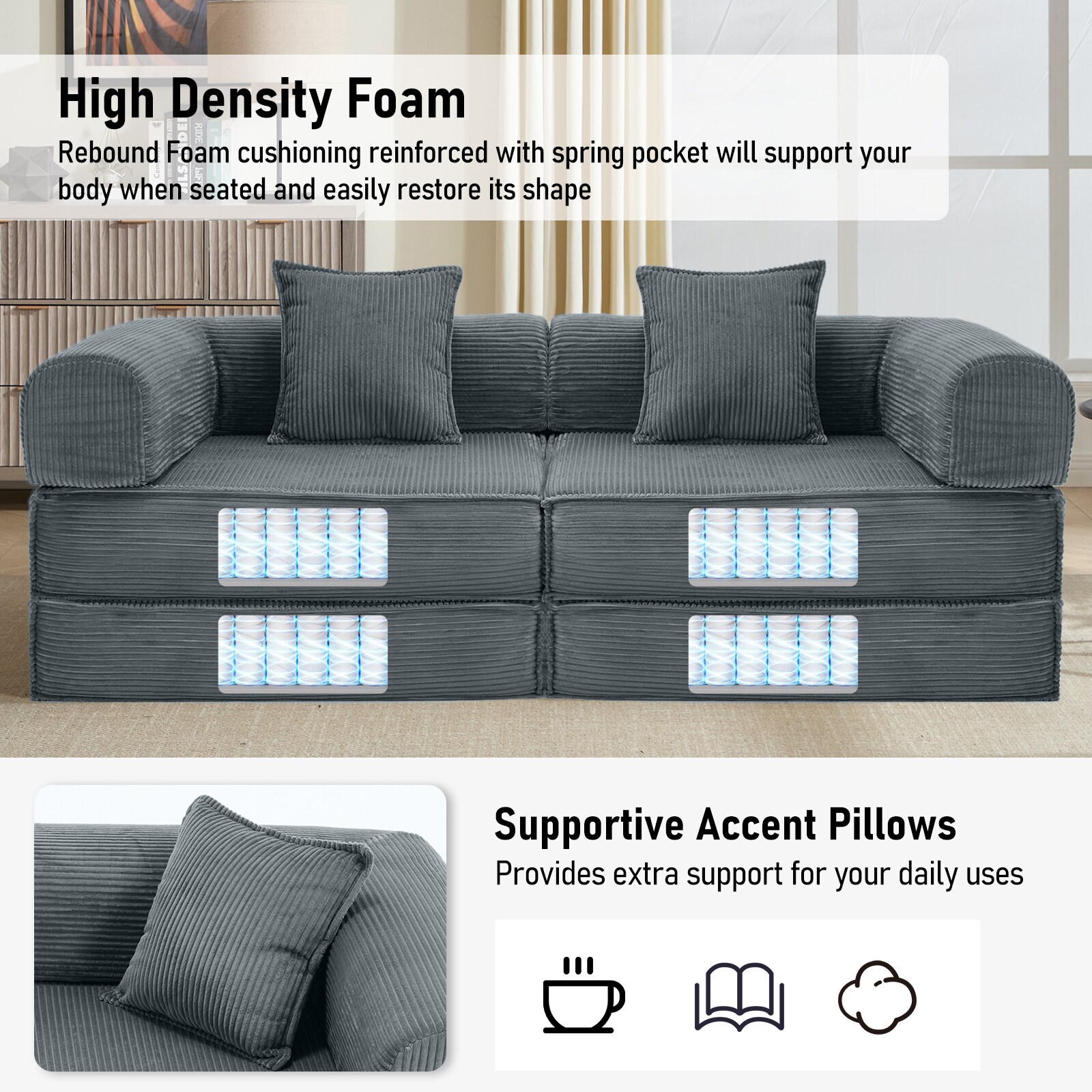 Convertible Sleeper Sofa Bed Grey Modular Corduroy Couch 2 Pillows_voghion.com